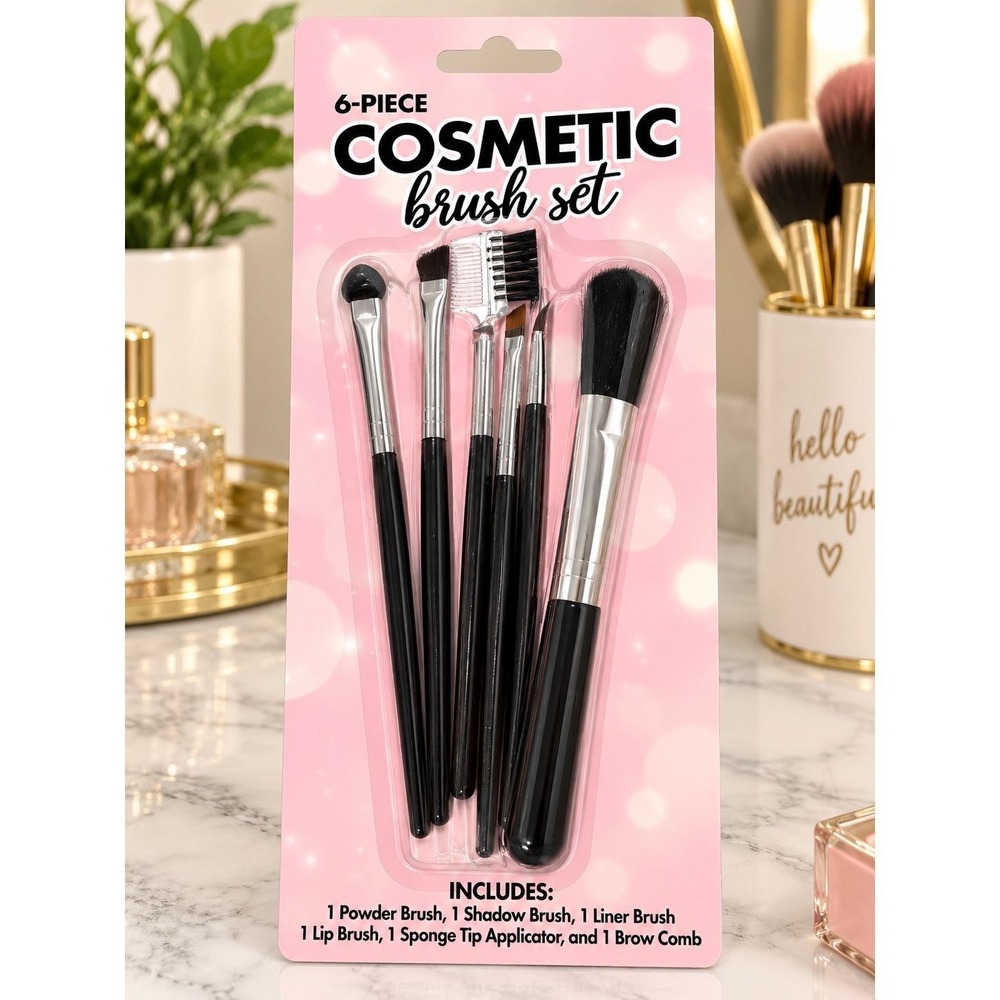 6-Piece Cosmetic Makeup Brush Set Black Handles Powder Shadow Liner Brow Comb